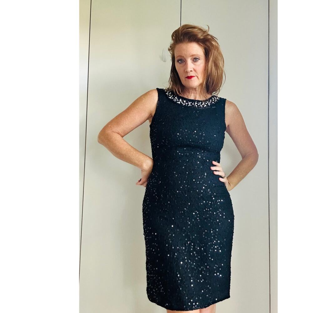 VTG 90s Silk Beaded Dress M LBD Cocktail Sheath Embellished Formal - Picture 14 of 14